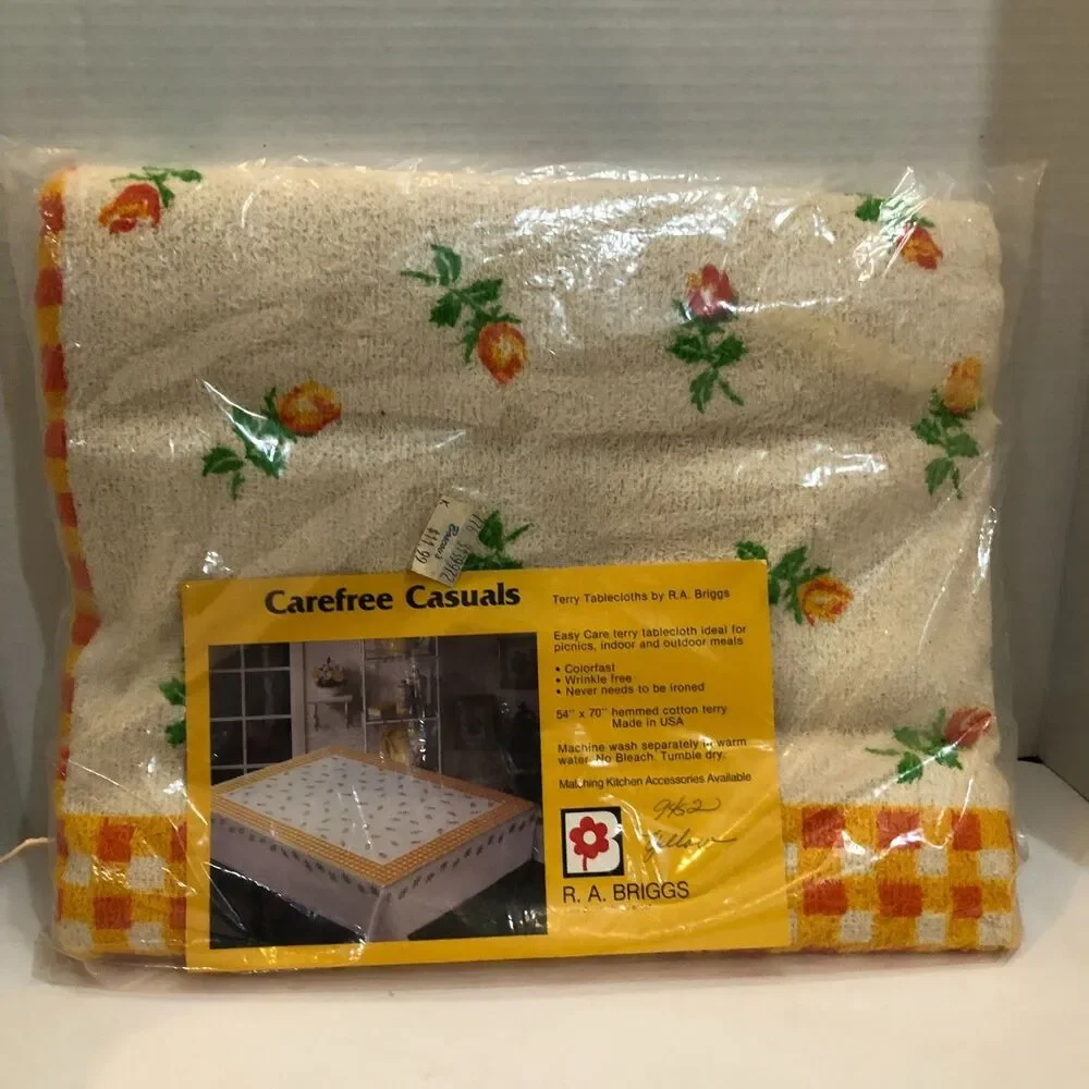 Vintage Briggs Terry Tablecloth Rectangle 54x70 Floral Checkered Wrinkle Free US